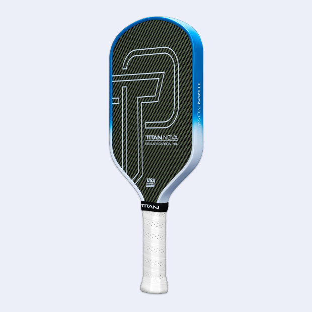 Titan Nova 16L pickleball paddle by Titan Pickleball with blue and carbon fiber design and white grip