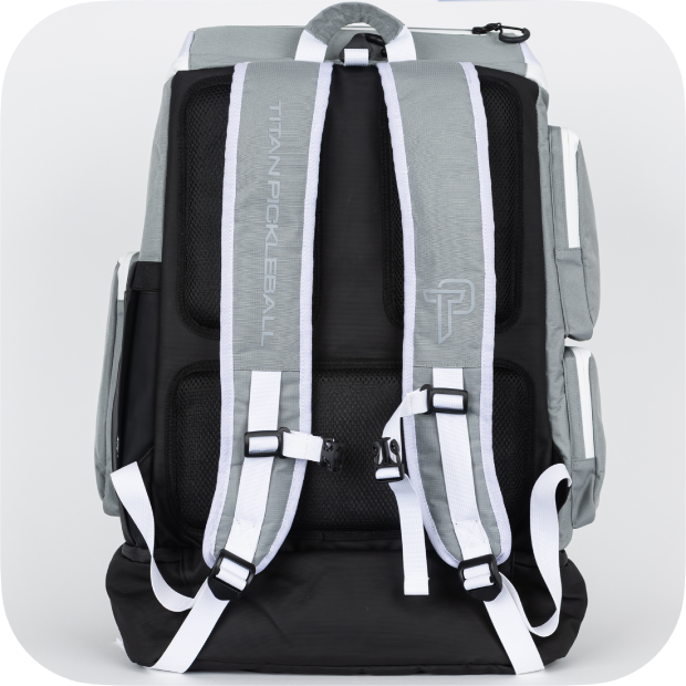 Back view of Titan Pickleball Backpack in gray and black with padded shoulder straps and multiple compartments