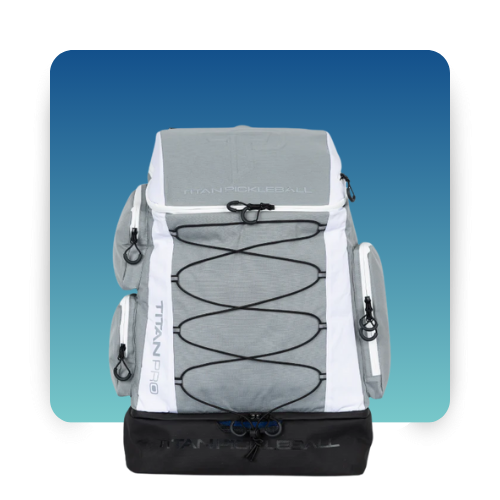 Titan Pickleball Backpack in gray and white with multiple zippered compartments and bungee cord front