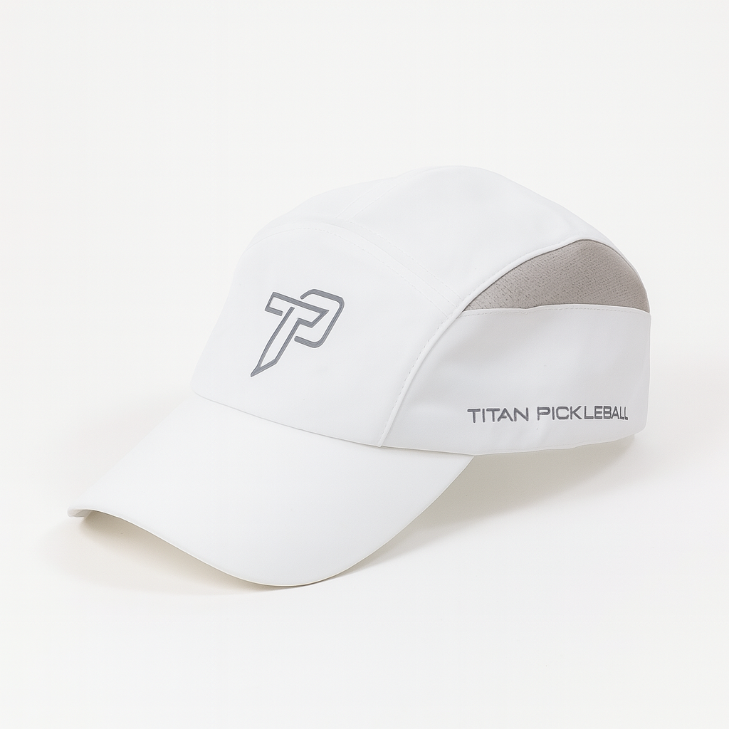 White Titan pickleball hat with gray logo and breathable mesh panel for outdoor sports