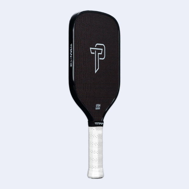 Titan Pro Titanium pickleball paddle by Titan Pickleball with black textured face and white grip