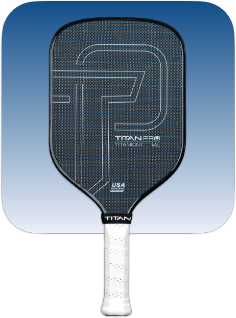 Titan Pro Titanium pickleball paddle with black textured face and white grip by Titan Pickleball