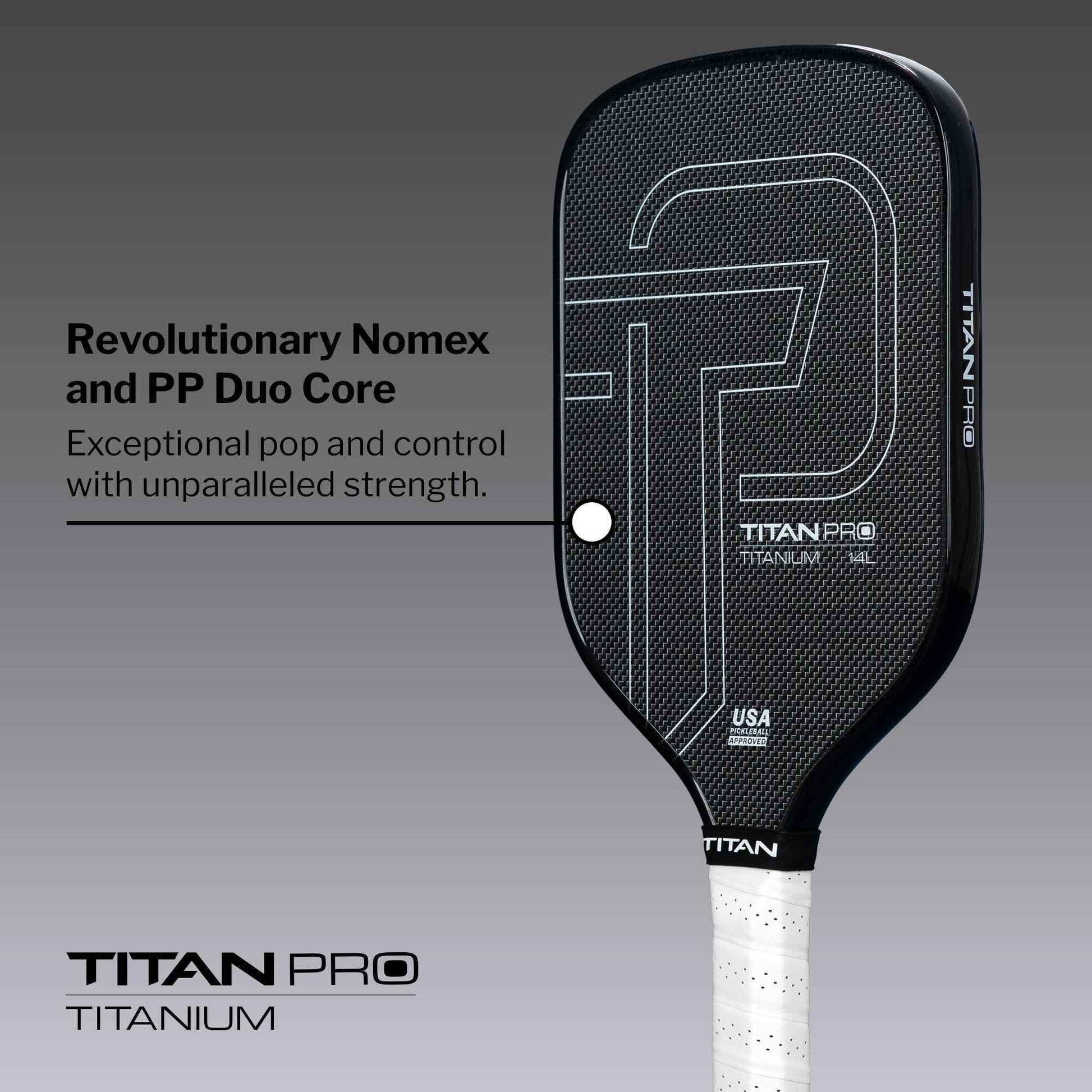 Titan Pro Titanium pickleball paddle in black with Nomex and PP Duo Core for strength and control