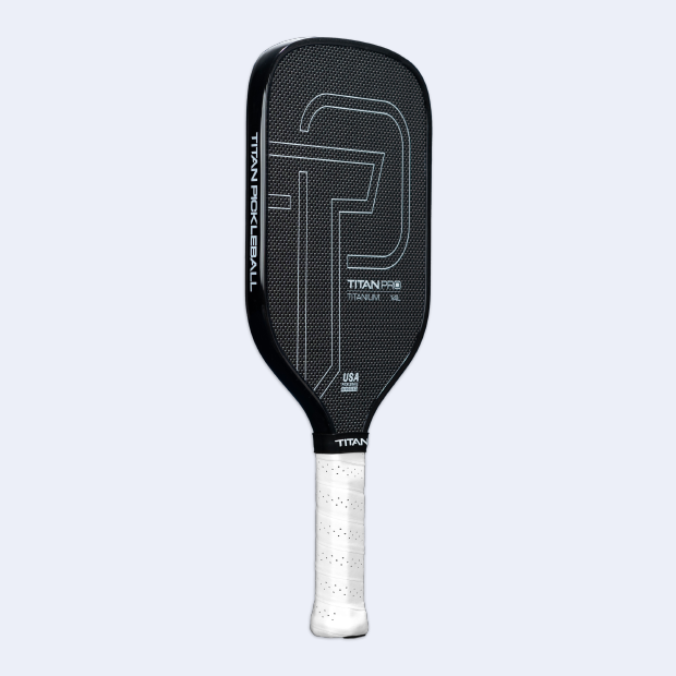 Titan Pro Titanium pickleball paddle by Titan Pickleball with black textured surface and white grip handle