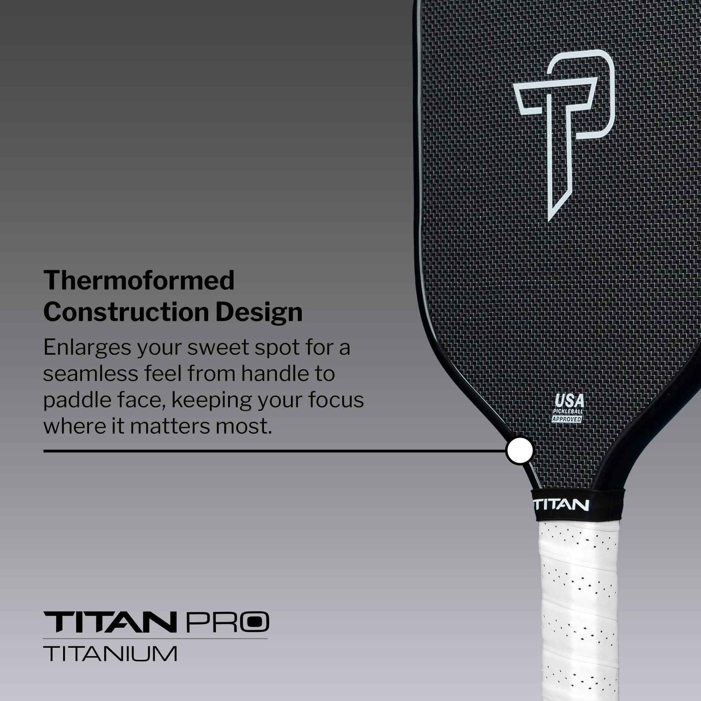Titan Pro Titanium pickleball paddle with thermoformed construction design and white grip