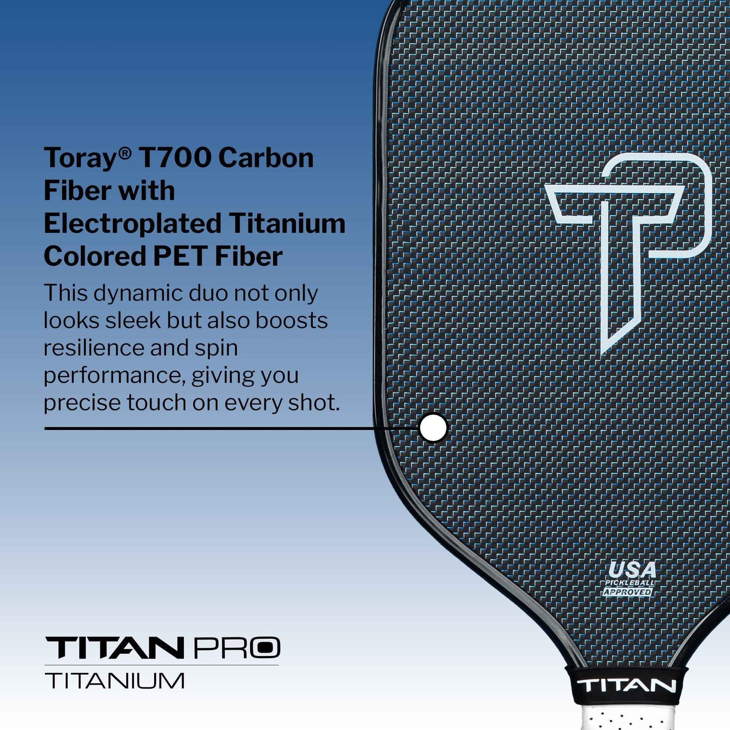 Titan Pro Titanium pickleball paddle with Toray T700 carbon fiber and electroplated titanium PET fiber surface
