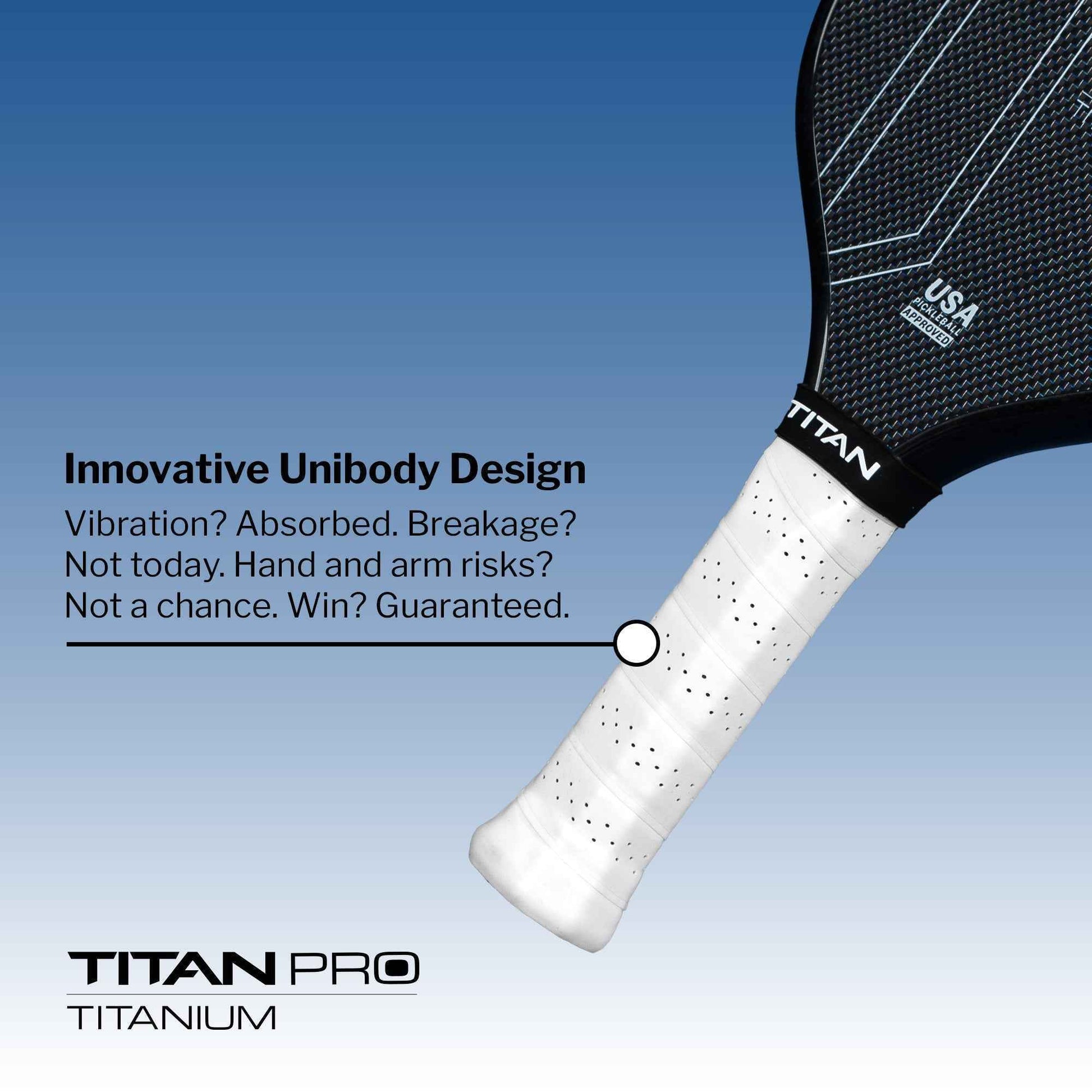 Titan Pro Titanium pickleball paddle with black textured face and white perforated grip