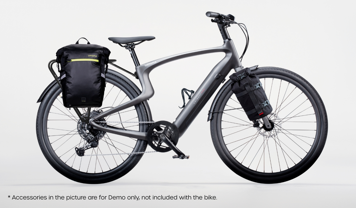 Rex E-Bikes Urtopia Carbon 1 Pro e-bike in gray with sleek frame and attached black bags