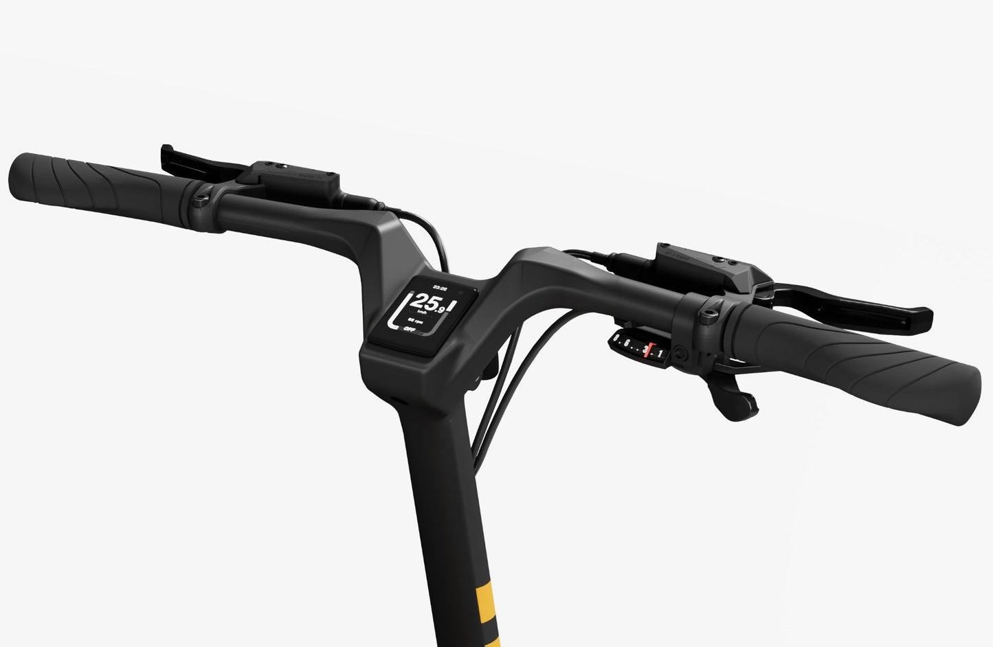 Close-up of Rex E-Bikes Urtopia Carbon Fold 1 electric bike black handlebar with digital display