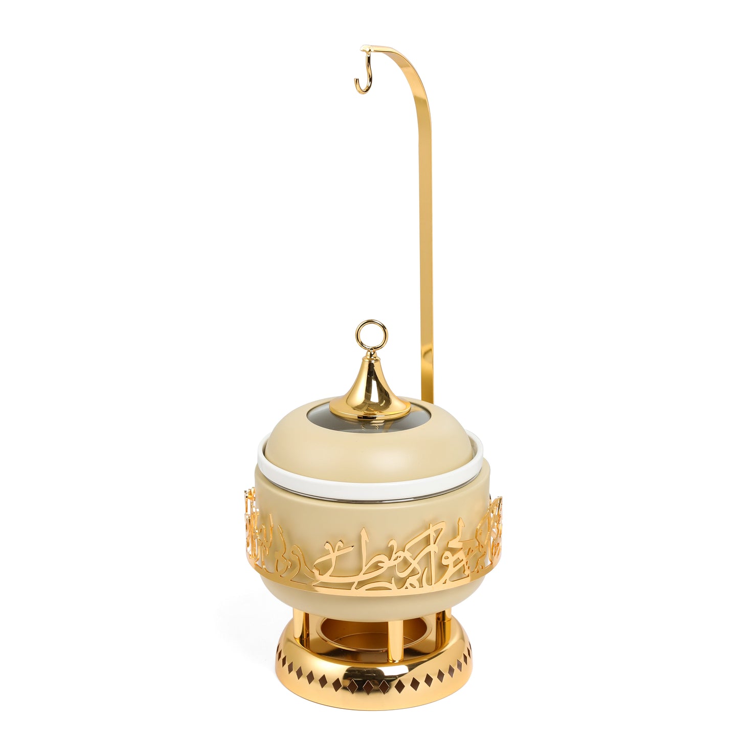 Otantik Home ivory and gold chafer with ornate design and tall handle for serving