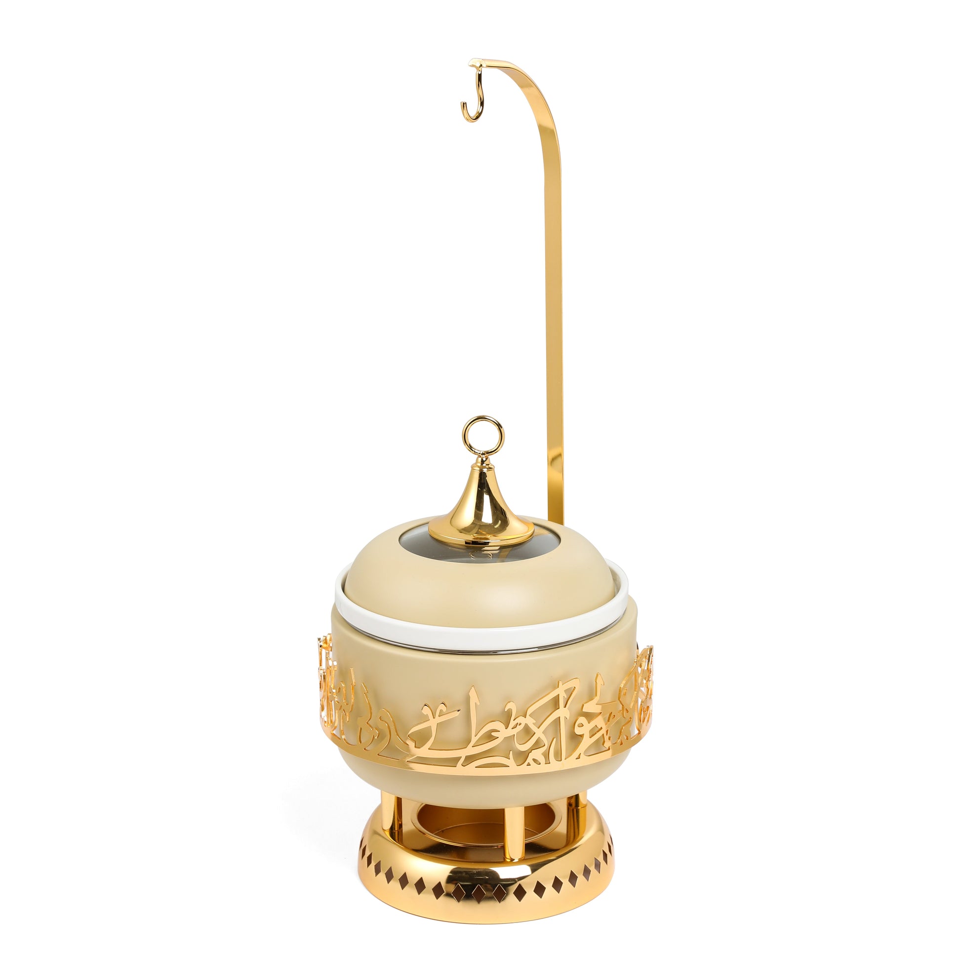 Otantik Home ivory and gold chafer with ornate design and tall handle for serving