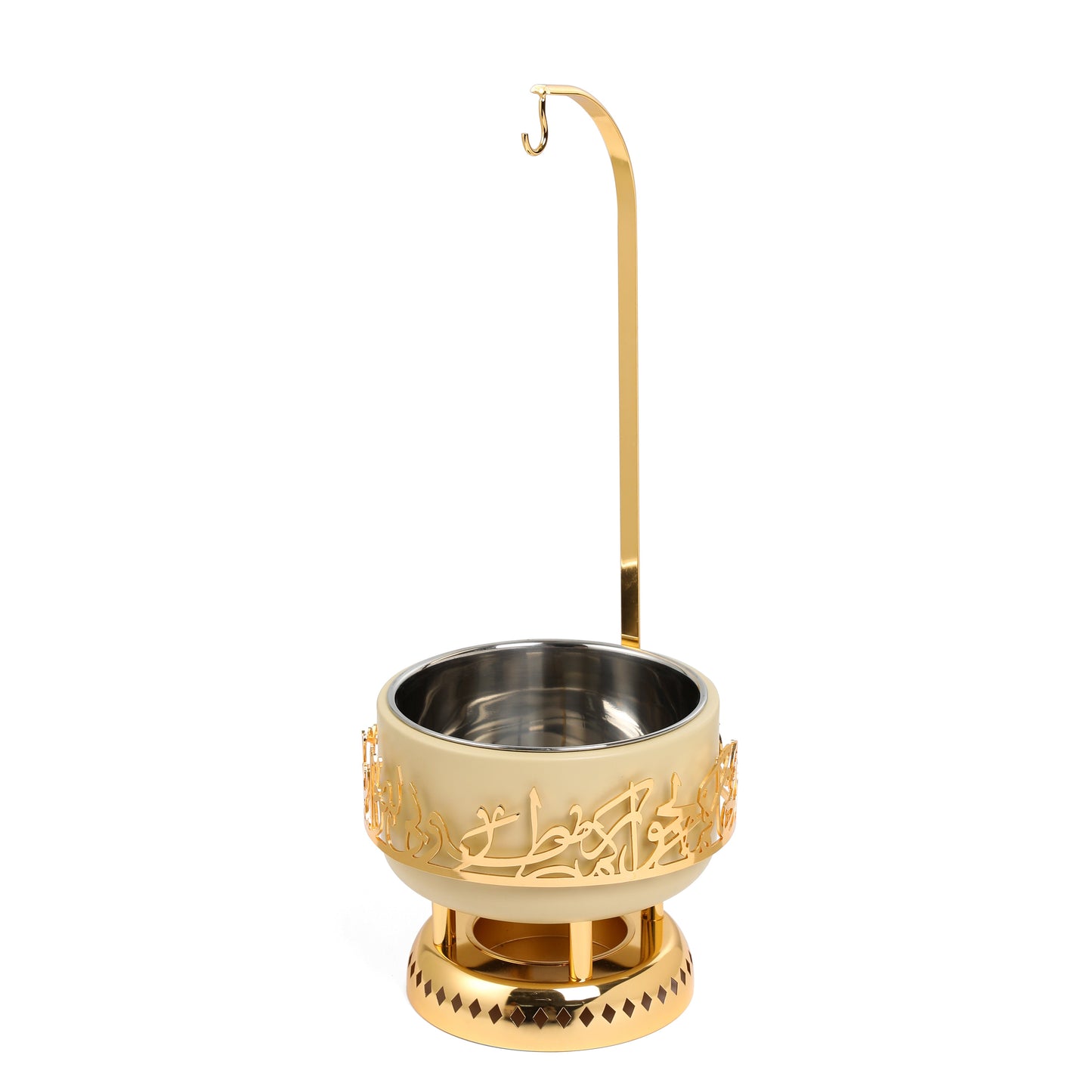 Otantik Home ivory and gold chafer with intricate gold detailing and hanging hook on white background