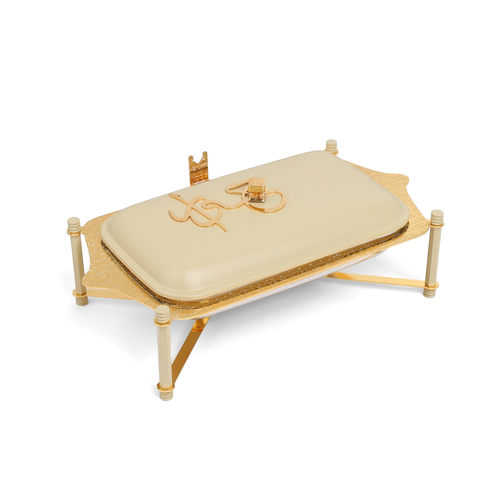 Otantik Home ivory and gold pyrex chafer with lid and decorative gold accents for elegant serving