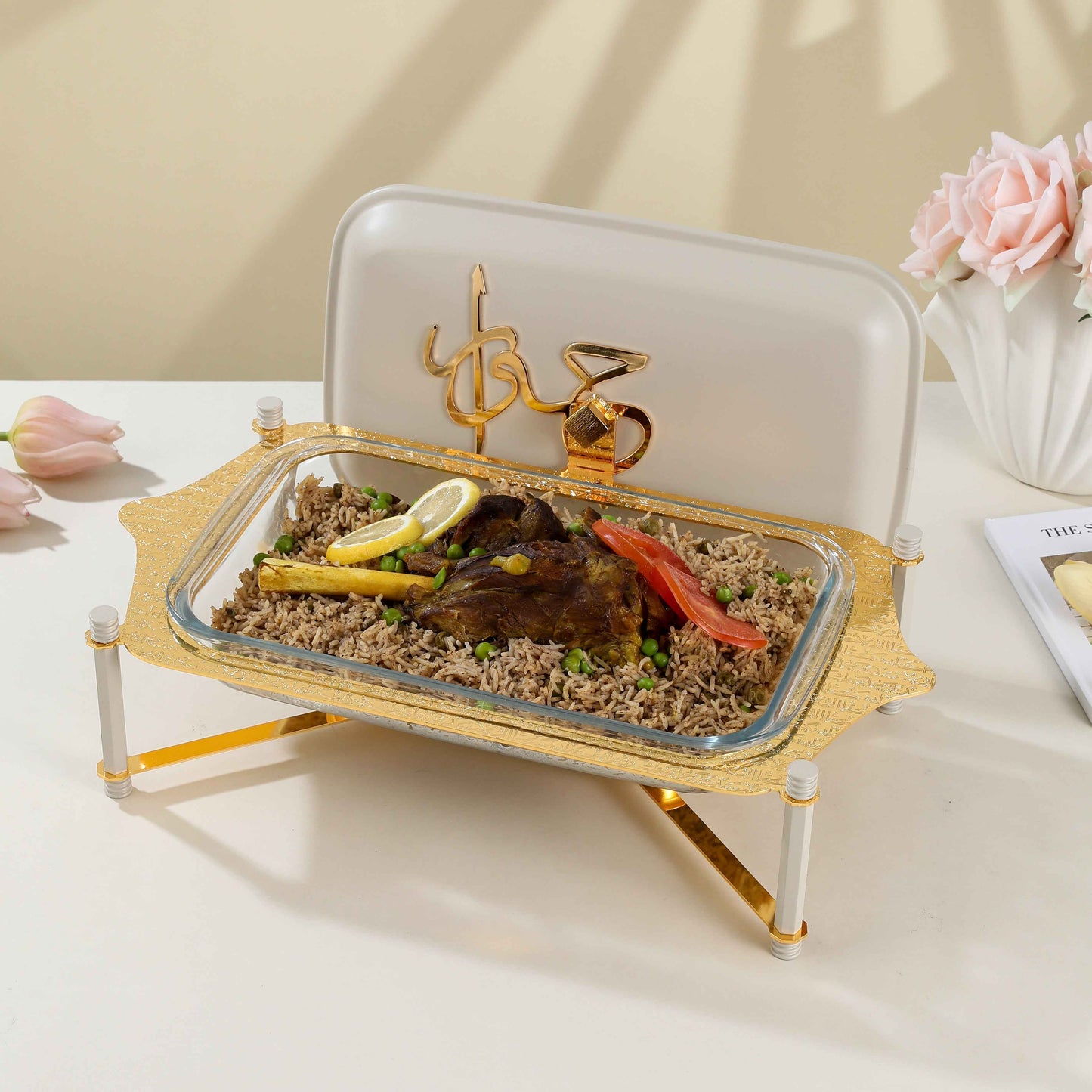 Otantik Home medium twin candle pyrex chafer with gold frame serving rice and meat