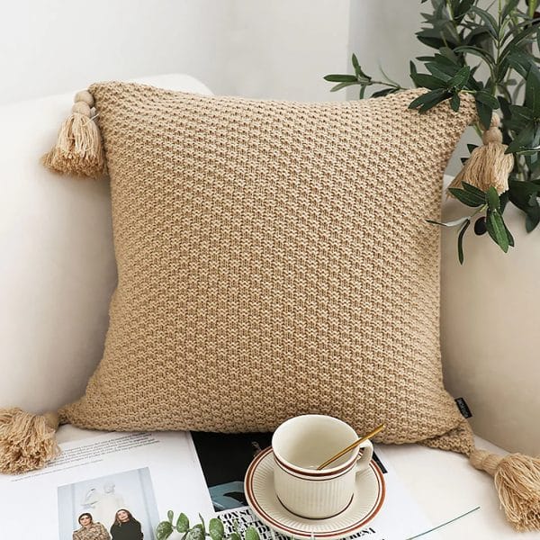 SOGA 50CM Light Brown Pillow with Tassel Accents, Rizzy Transitional Cover Throw Pillow - Image 2