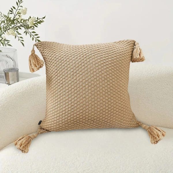 SOGA 50CM Light Brown Pillow with Tassel Accents, Rizzy Transitional Cover Throw Pillow - Image 3